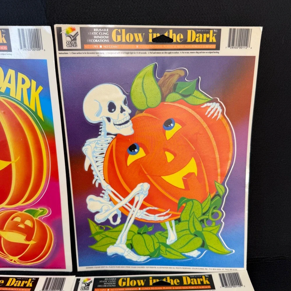 Vintage Glow in the Dark Window Clings Halloween Pumpkins Ghost Mummies Skeleton